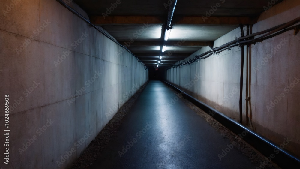 Dimly Lit Underground Tunnel with Train Tracks: A long, dimly lit underground tunnel with metal train tracks disappearing into the distance, creating a sense of depth and mystery in the dark, enclosed Dimly Lit Underground Tunnel with Train Tracks: A long, dimly lit underground tunnel with metal train tracks disappearing into the distance, creating a sense of depth and mystery in the dark, enclosed