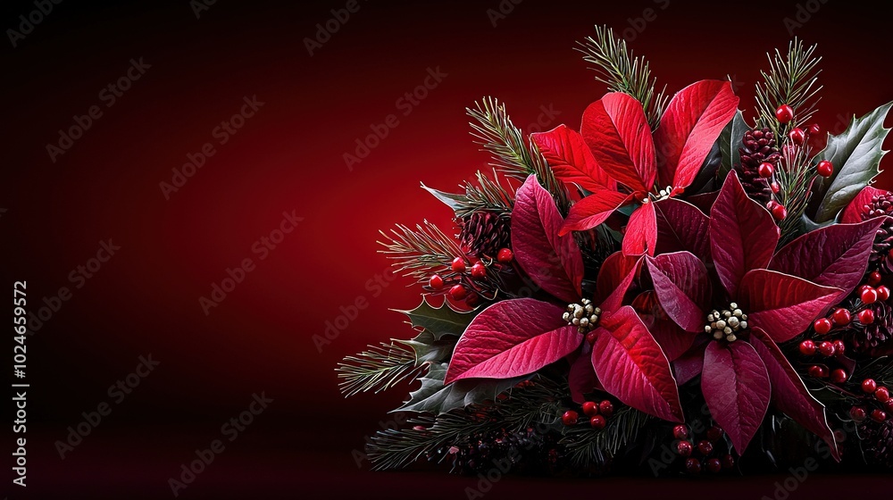 Obraz premium Red Poinsettias Bouquet on Dark Red Background with Red Light