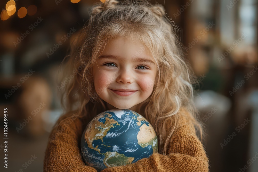 Naklejka premium young girl joyfully hugging a model of planet earth symbolizing unity and care for the planet set against a backdrop celebrating world childrens day