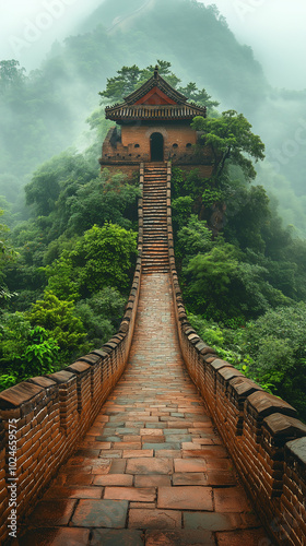 Ancient Temple on Misty Mountain Path