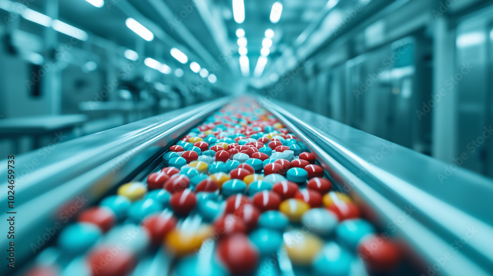 Rows of vibrant red, blue, and yellow tablets neatly aligned as they travel down a fast-moving conveyor belt, surrounded by sterile white walls of a pharmaceutical lab. Rows of vibrant red, blue, and yellow tablets neatly aligned as they travel down a fast-moving conveyor belt, surrounded by sterile white walls of a pharmaceutical lab.