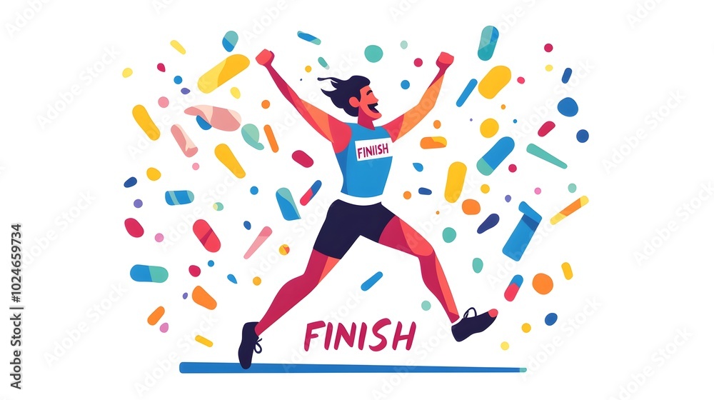 Flat illustration of the athlete crossing the finish line and celebrating victory Flat illustration of the athlete crossing the finish line and celebrating victory