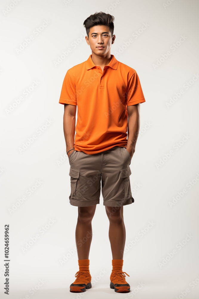 Fototapeta premium a man in orange color casual outfit standing in the studio with isolated background