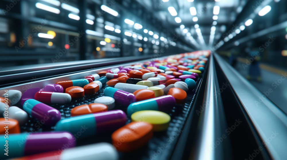 A vibrant array of multicolored pharmaceutical tablets cascading in perfect rows on a conveyor belt, set against the sleek industrial backdrop of a pharmaceutical factory. A vibrant array of multicolored pharmaceutical tablets cascading in perfect rows on a conveyor belt, set against the sleek industrial backdrop of a pharmaceutical factory.