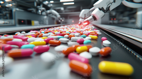 A diverse mix of oval and round tablets in various colors moving down a conveyor belt, with robotic arms packaging the tablets at the end of the production line.