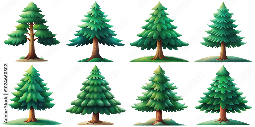 Fototapeta premium Cartoon illustration set of pine tree with Grainy Textures. isolate on a white background. PNG 