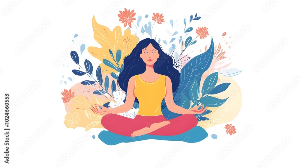 Illustration of a woman meditating, with a flat design featuring colorful elements and leaves around her