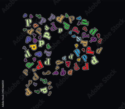 A vibrant assortment of multicolored P letters in different fonts and styles arranged dynamically on Large P font isolated on black