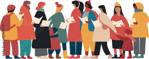 xmas_p_carol_isolat.eGroup of men and women dressed in outerwear singing Christmas carols. Choir of  singers or carolers Singing Xmas songs. Isolated people characters. Flat vector illustration.ps