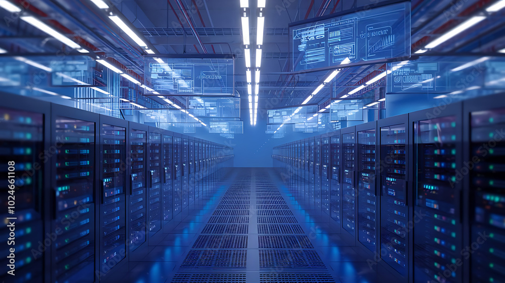Obraz premium a high-tech data warehouse, featuring rows of modern servers with blinking lights in a vast, secure facility. Big data, data center, Server room