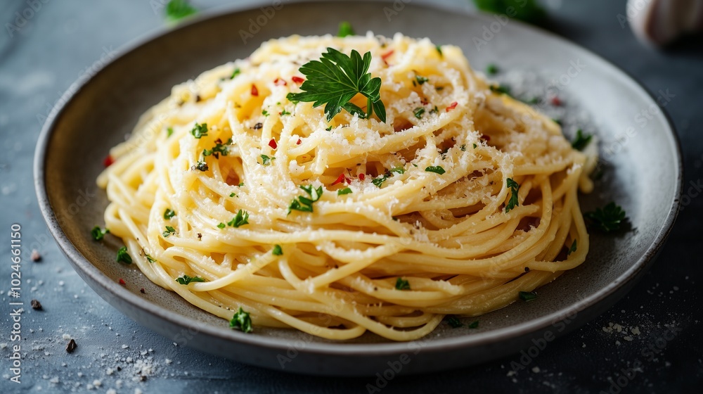 Spaghetti Aglio e Olio with parsley garnish, simple and elegant Italian cuisine Spaghetti Aglio e Olio with parsley garnish, simple and elegant Italian cuisine