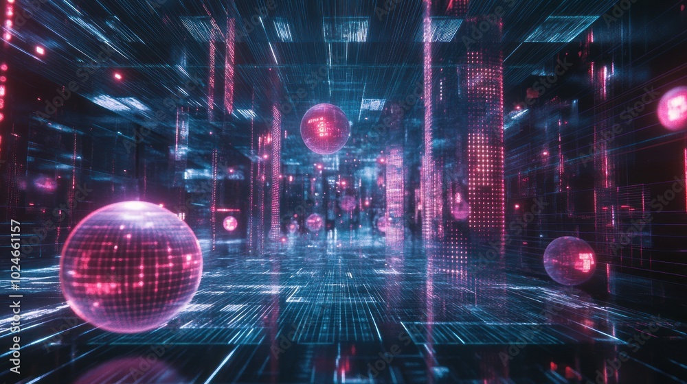 Futuristic Cityscape with Neon Lights and Glowing Spheres Futuristic Cityscape with Neon Lights and Glowing Spheres