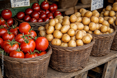 Fresh tomatoes and potatoes in woven baskets at a market stall photo