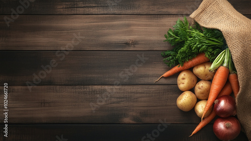 A large burlap sack filled with fresh vegetables, including potatoes, carrots, and onions, spilling onto a wooden surface. The rough textures of the sack and wood evoke a sense of photo