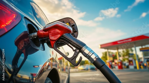 A car's open fuel cap with nozzle pumping unleaded petrol, gas station canopy and blue sky overhead.