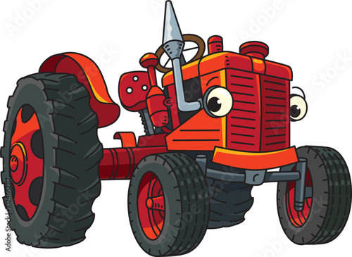 Funny small retro tractor with eyes. Coloring book