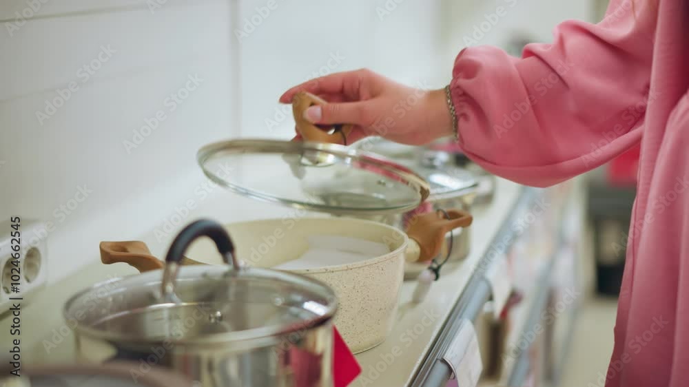 Hand of female shopper inspecting a pot in a kitchenware store, the shopper is carefully lifting the lid of a modern cookware pot with a wooden handle, surrounded by other pots on display Hand of female shopper inspecting a pot in a kitchenware store, the shopper is carefully lifting the lid of a modern cookware pot with a wooden handle, surrounded by other pots on display
