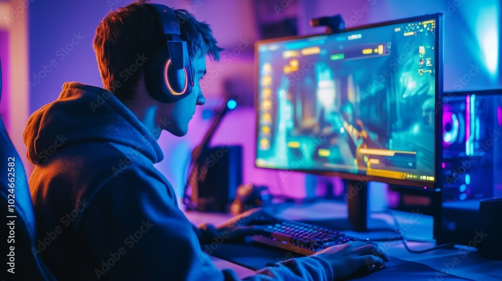 A focused gamer playing a fast-paced game on a computer monitor, colorful RGB lights reflecting off the setup, esports tournament in progress. A focused gamer playing a fast-paced game on a computer monitor, colorful RGB lights reflecting off the setup, esports tournament in progress.