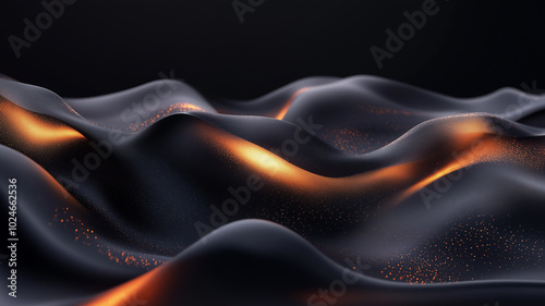 Golden silk-like 3D waves flowing elegantly across a dark background with glowing accents