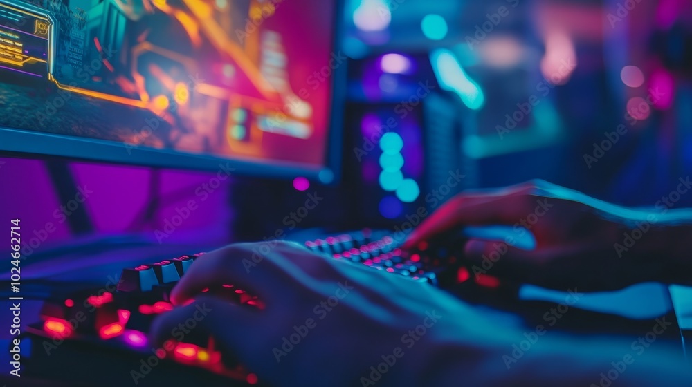 A gamers hands on the keyboard, playing a high-stakes game, monitor showing vibrant game graphics, RGB lights glowing in the background. A gamers hands on the keyboard, playing a high-stakes game, monitor showing vibrant game graphics, RGB lights glowing in the background.