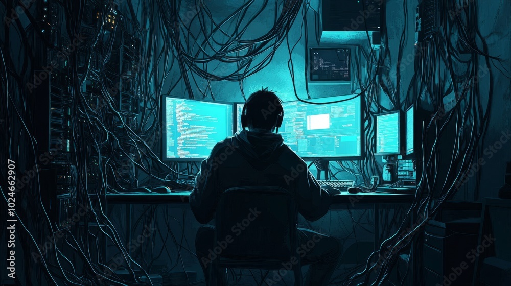A hacker working on bypassing network security, dim lighting and a maze of cables and monitors surrounding them A hacker working on bypassing network security, dim lighting and a maze of cables and monitors surrounding them