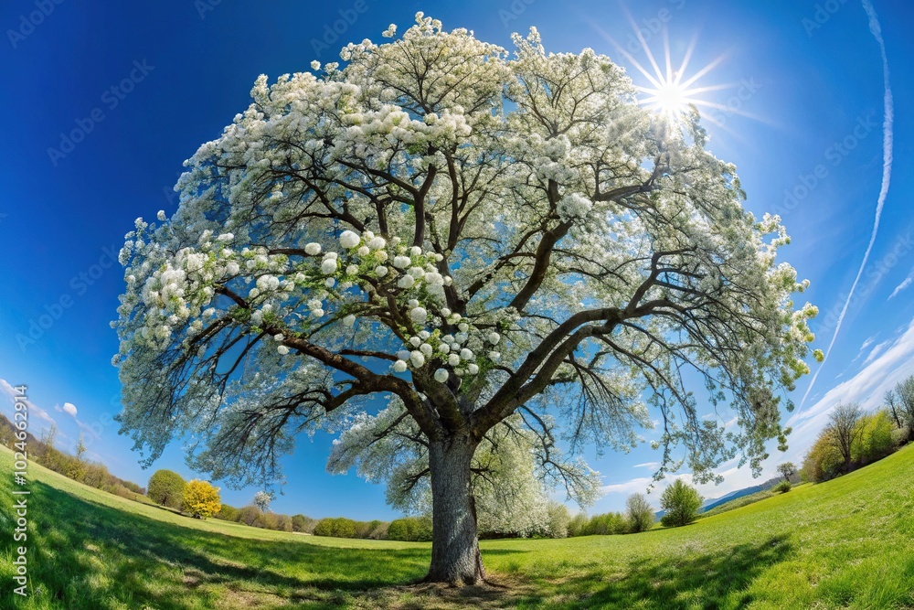 Spring scene with white blossoms of a pear tree and blue sky captured with a fisheye lens Spring scene with white blossoms of a pear tree and blue sky captured with a fisheye lens