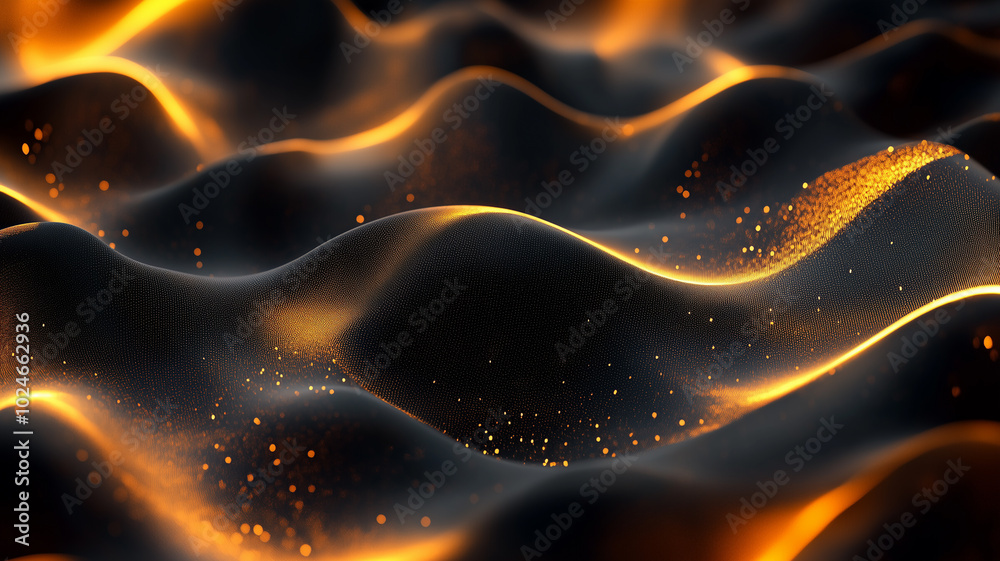 Golden silk-like 3D waves flowing elegantly across a dark background with glowing accents Golden silk-like 3D waves flowing elegantly across a dark background with glowing accents