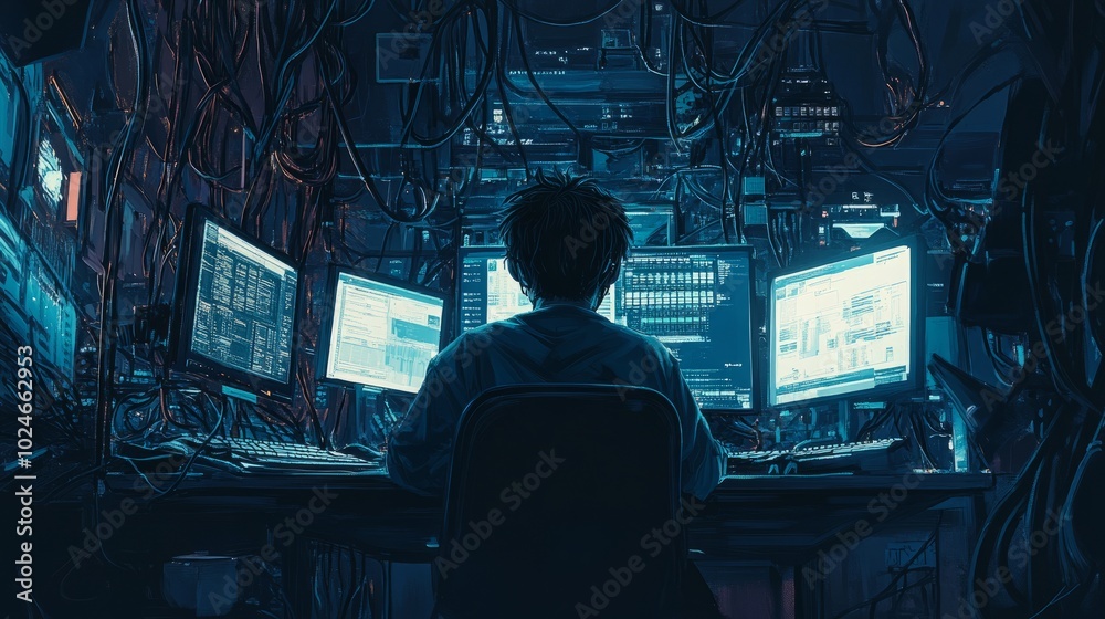 A hacker working on bypassing network security, dim lighting and a maze of cables and monitors surrounding them