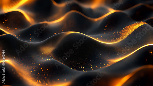 Golden silk-like 3D waves flowing elegantly across a dark background with glowing accents
