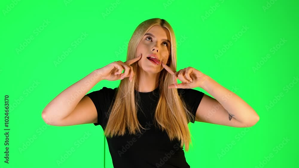 Attractive Blonde Making Funny Face, green Screen, Colorful Studio Portrait