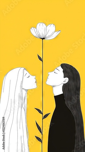   Two females confront each other against a yellow background with a solitary flower centered in the picture