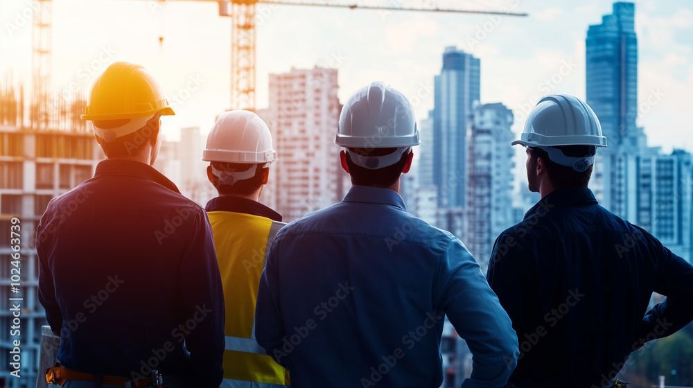 A confident team of engineers, architects, and construction workers standing together on a busy construction site, overlooking a backdrop of skyscrapers and a modern city landscape A confident team of engineers, architects, and construction workers standing together on a busy construction site, overlooking a backdrop of skyscrapers and a modern city landscape