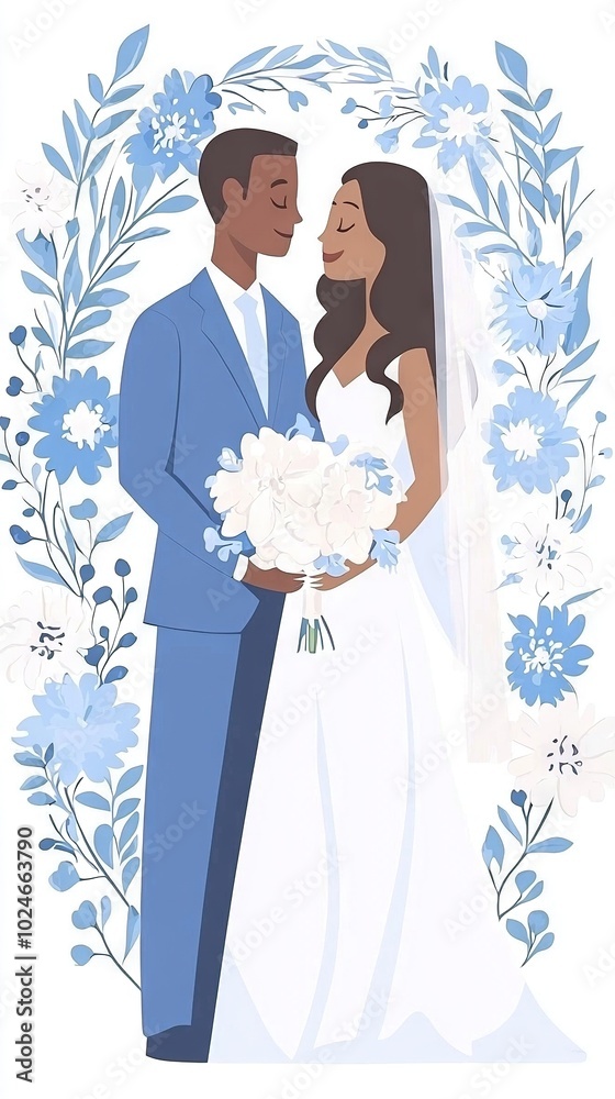 A bride and groom standing together in front of a blue-and-white floral frame, with the bride clutching a bouquet of vibrant flowers A bride and groom standing together in front of a blue-and-white floral frame, with the bride clutching a bouquet of vibrant flowers