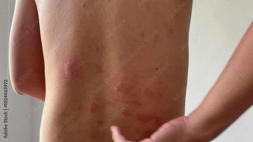 Young asian man itching and scratching on his back from allergic itchy dry skin eczema dermatitis insect bites Young asian man itching and scratching on his back from allergic itchy dry skin eczema dermatitis insect bites