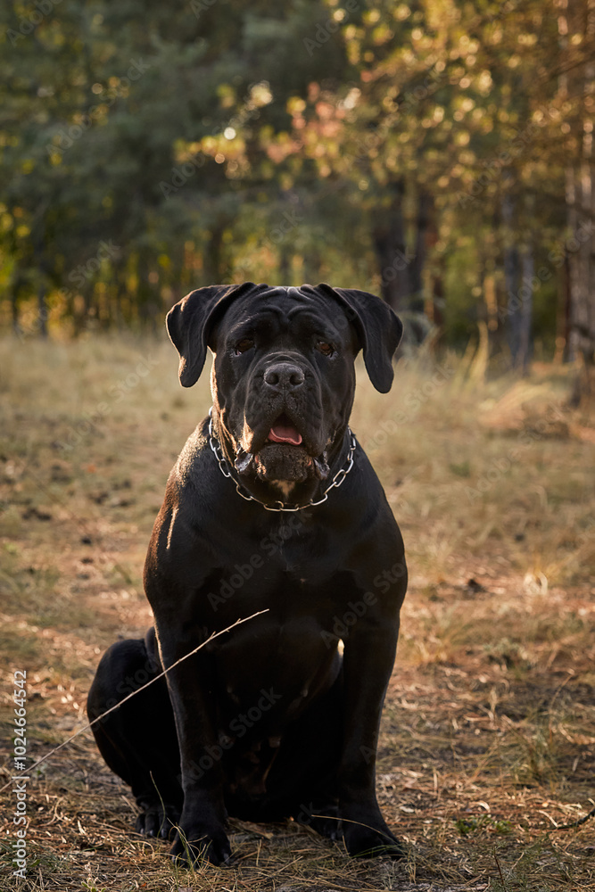 A large Cane Corso dog walks in the autumn forest. Black Cane Corso. Walking with a dog A large Cane Corso dog walks in the autumn forest. Black Cane Corso. Walking with a dog