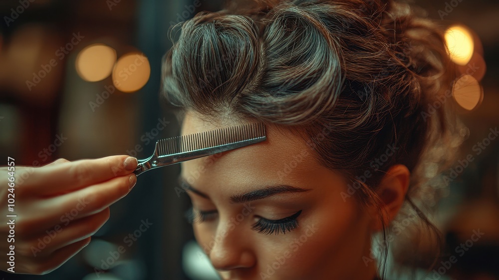 Obraz premium Woman Getting Hair Styled with Razor Comb in Salon, Beauty and Haircare