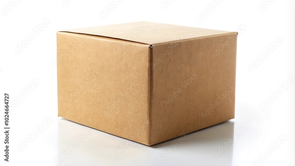 Square cardboard box on white background with focused advertising space on the right, shallow depth of field Square cardboard box on white background with focused advertising space on the right, shallow depth of field