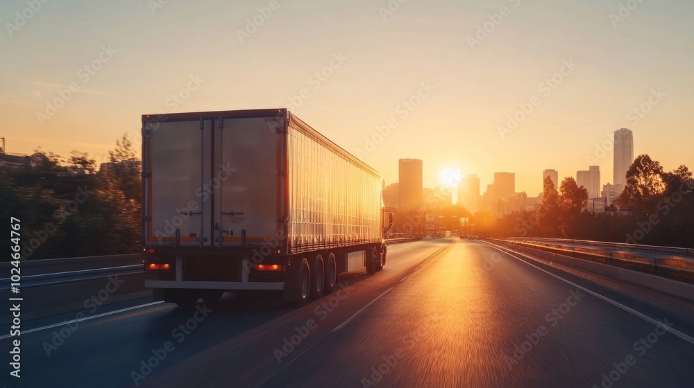 Delivery truck in motion, viewed from behind as the early morning sun lights up the road and the city skyline looms ahead. Delivery truck in motion, viewed from behind as the early morning sun lights up the road and the city skyline looms ahead.