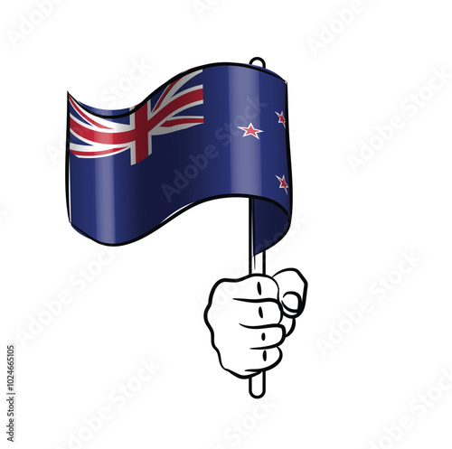 Scalable and editable eps vector Outline line stroke contour art of hand holding national waving flag of New Zealand
