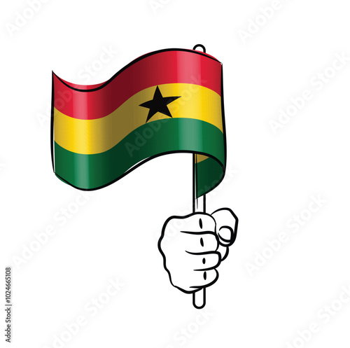Scalable and editable eps vector Outline line stroke contour art of hand holding national waving flag of Ghana 