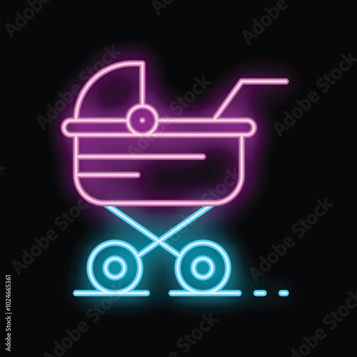 Neon icon of baby stroller glowing on dark background, representing childcare, parenthood and family life