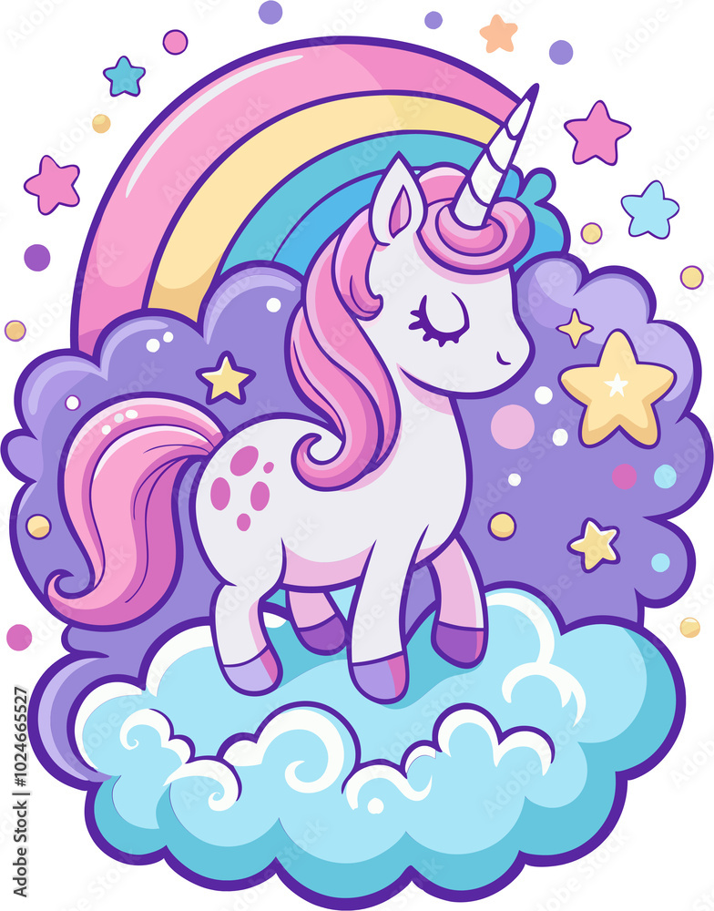 Fototapeta premium Beautiful unicorn on clouds with stars illustration