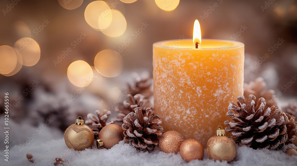 Christmas Candle with Pine Cones in Snowy Setting Christmas Candle with Pine Cones in Snowy Setting