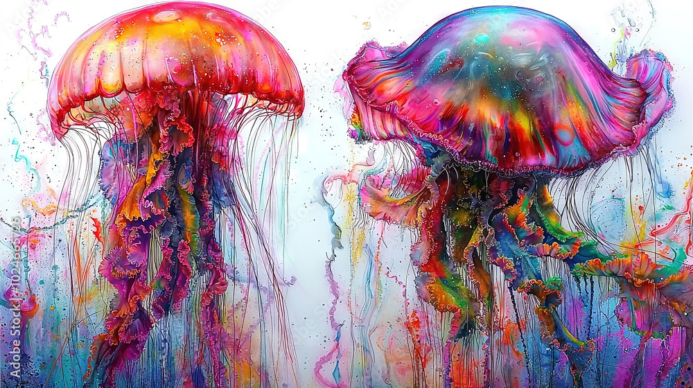A painting of two jellyfishs with multi-colored paint splatters on their bodies A painting of two jellyfishs with multi-colored paint splatters on their bodies