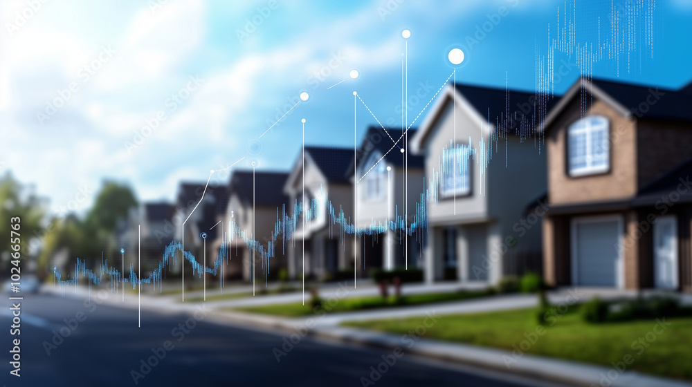 A financial graph with rising lines overlaid on an image of suburban houses, representing the growth of investment property, mortgage management, and financial wealth creation thro A financial graph with rising lines overlaid on an image of suburban houses, representing the growth of investment property, mortgage management, and financial wealth creation thro