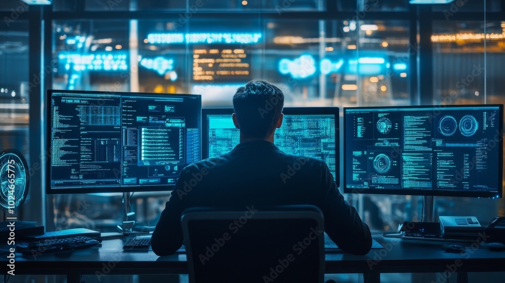 Hacker in a high-tech environment, multiple monitors filled with data, encrypted codes, and a focus on breaching network systems. Hacker in a high-tech environment, multiple monitors filled with data, encrypted codes, and a focus on breaching network systems.