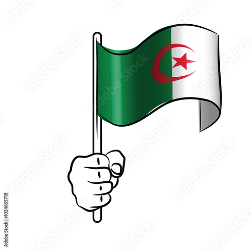 Scalable and editable eps vector Outline line stroke contour art of hand holding national waving flag of algeria