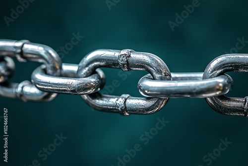 Close-up of a metal chain link against a blurred background, showcasing strength and durability.