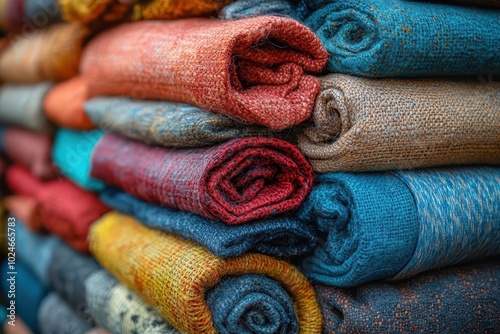 textile fabrics piled high for recycling symbolizing the pollution of the clothing industry with a focus on vibrant colors and textures to emphasize the impact of fast fashion