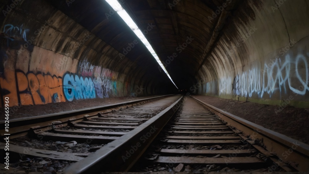 Graffiti-Lined Underground Tunnel with Train Tracks: A dimly lit underground tunnel featuring metal train tracks and walls covered in graffiti, with overhead lights casting a faint glow, creating an u Graffiti-Lined Underground Tunnel with Train Tracks: A dimly lit underground tunnel featuring metal train tracks and walls covered in graffiti, with overhead lights casting a faint glow, creating an u